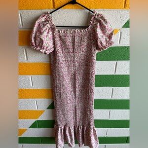 Floral Pink Ruched Midi Dress with Puff Sleeves